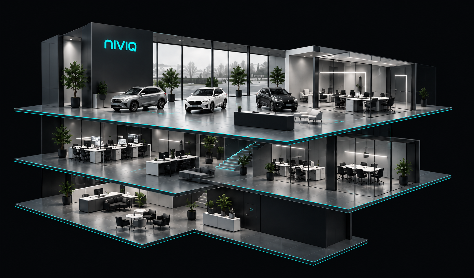 Conceptual layered showroom connecting operations, customer engagement and growth